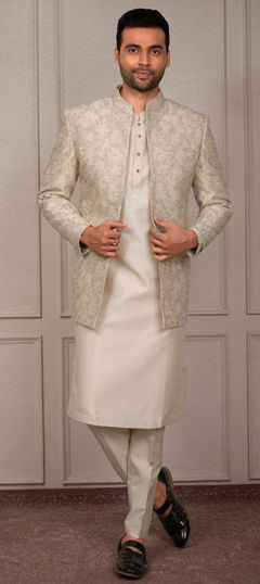 Beige and Brown color Kurta Pyjama with Jacket in Silk fabric with Embroidered, Thread work