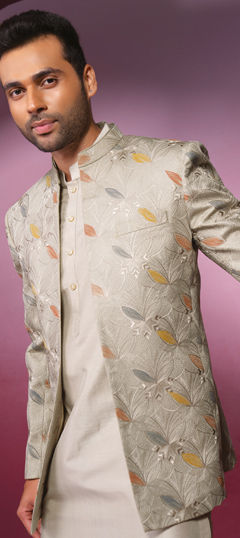 Beige and Brown color Kurta Pyjama with Jacket in Silk fabric with Embroidered, Thread work