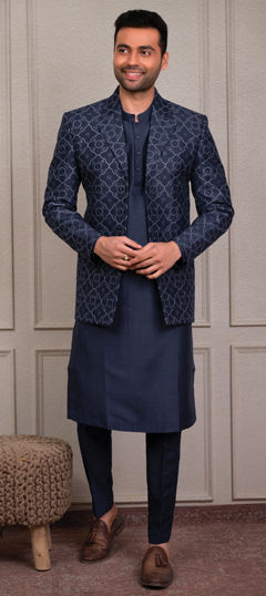 Blue color Kurta Pyjama with Jacket in Silk fabric with Embroidered, Thread work