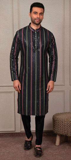 Black and Grey color Kurta Pyjamas in Silk fabric with Embroidered, Thread work