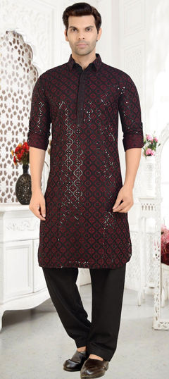 Red and Maroon color Pathani Suit in Cotton fabric with Embroidered, Sequence work