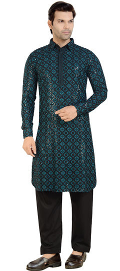 Blue color Pathani Suit in Cotton fabric with Embroidered, Sequence work