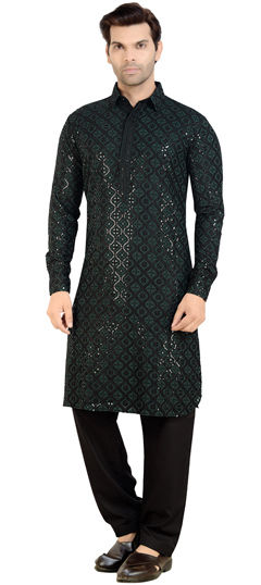 Green color Pathani Suit in Cotton fabric with Embroidered, Sequence work