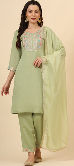 Green color Salwar Kameez in Blended fabric with Embroidered, Resham, Thread work