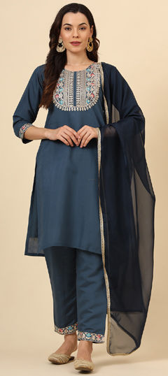 Blue color Salwar Kameez in Blended fabric with Embroidered, Resham, Thread work