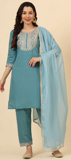 Blue color Salwar Kameez in Blended fabric with Embroidered, Resham, Thread work