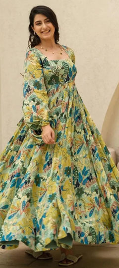 Engagement, Festive, Reception Green color Gown in Art Silk fabric with Digital Print work : 1964032