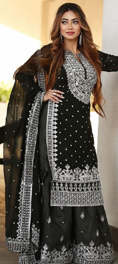 Black and Grey color Salwar Kameez in Faux Georgette fabric with Embroidered, Sequence, Thread, Zari work