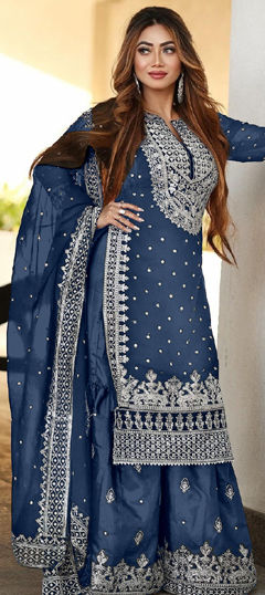 Blue color Salwar Kameez in Faux Georgette fabric with Embroidered, Sequence, Thread, Zari work