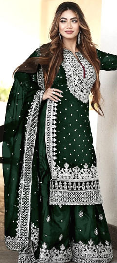 Green color Salwar Kameez in Faux Georgette fabric with Embroidered, Sequence, Thread, Zari work