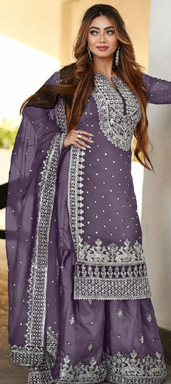 Purple and Violet color Salwar Kameez in Faux Georgette fabric with Embroidered, Sequence, Thread, Zari work