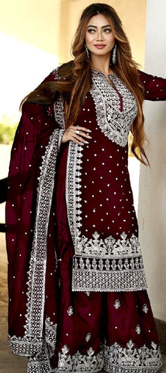 Red and Maroon color Salwar Kameez in Faux Georgette fabric with Embroidered, Sequence, Thread, Zari work