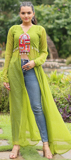 Green color Kurti in Faux Georgette fabric with Lehariya, Patch, Printed work