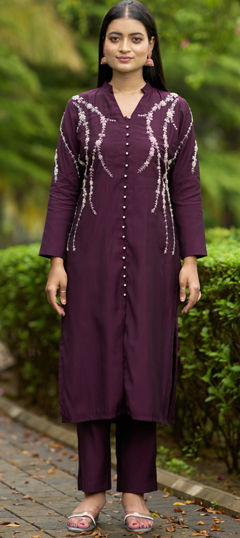 Purple and Violet color Salwar Kameez in Art Silk fabric with Bugle Beads, Embroidered work