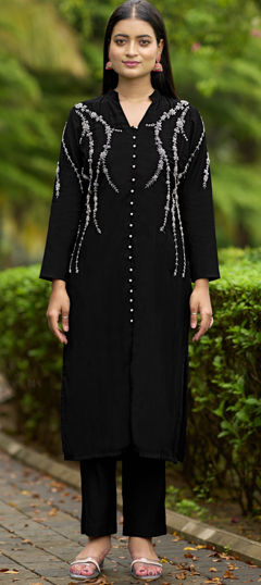 Black and Grey color Salwar Kameez in Art Silk fabric with Bugle Beads, Embroidered work