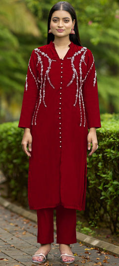 Red and Maroon color Salwar Kameez in Art Silk fabric with Bugle Beads, Embroidered work