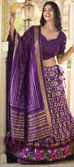 Multicolor color Lehenga in Tussar Silk fabric with Foil Print, Printed work