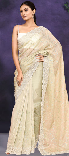 Beige and Brown color Saree in Organza Silk fabric with Embroidered, Sequence, Thread work