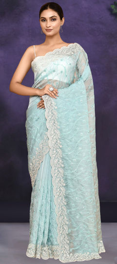 Blue color Saree in Organza Silk fabric with Embroidered, Sequence, Thread work