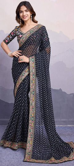 Festive, Party Wear, Reception Black and Grey color Saree in Georgette fabric with Classic Bandhej, Embroidered, Printed work : 1964221