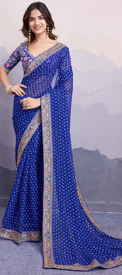 Festive, Party Wear, Reception Blue color Saree in Georgette fabric with Classic Bandhej, Embroidered, Printed work : 1964222