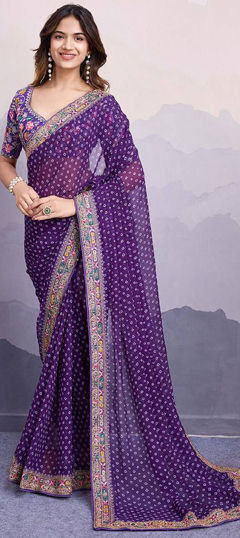 Purple and Violet color Saree in Georgette fabric with Bandhej, Embroidered, Printed work