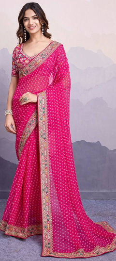 Pink and Majenta color Saree in Georgette fabric with Bandhej, Embroidered, Printed work