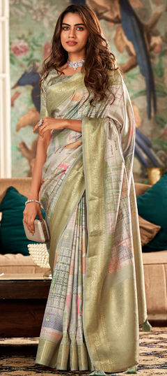 Green color Saree in Art Silk fabric with Printed, Weaving work