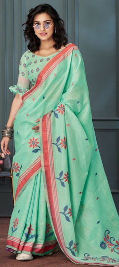 Green color Saree in Linen fabric with Printed work