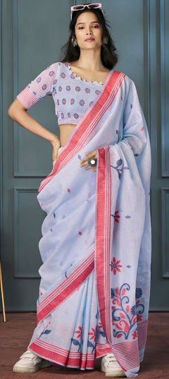 Purple and Violet color Saree in Linen fabric with Printed work