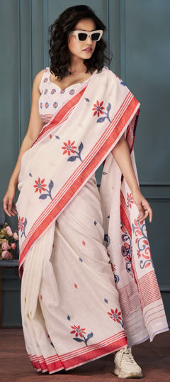 White and Off White color Saree in Linen fabric with Printed work