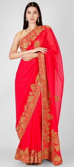 Pink and Majenta, Red and Maroon color Saree in Georgette fabric with Cut Dana, Zircon work