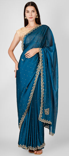 Blue color Saree in Satin Silk fabric with Cut Dana, Zircon work