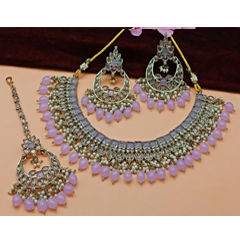 Gold Rodium Polish Pink and Majenta color Necklace in Metal Alloy studded with Kundan, Pearl