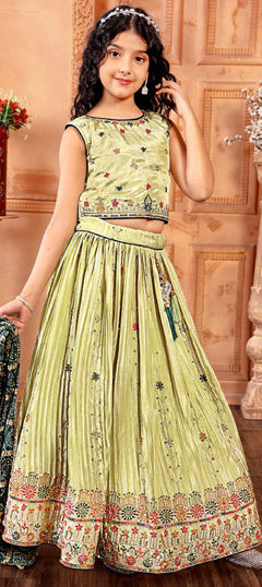 Party Wear Green color Kids Lehenga in Silk fabric with Embroidered, Sequence, Thread work : 1964335