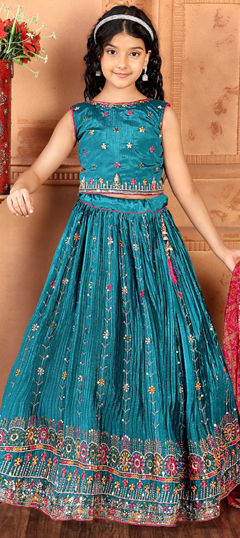 Party Wear Blue color Kids Lehenga in Silk fabric with Embroidered, Sequence, Thread work : 1964336