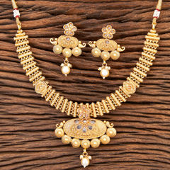 Gold Rodium Polish Gold color Necklace in Brass studded with Kundan, Pearl