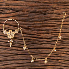 Gold Rodium Polish White and Off White color Nose Ring in Brass studded with Kundan, Pearl