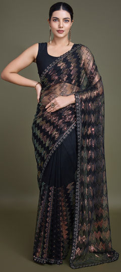 Black and Grey color Saree in Net fabric with Embroidered, Sequence, Thread work