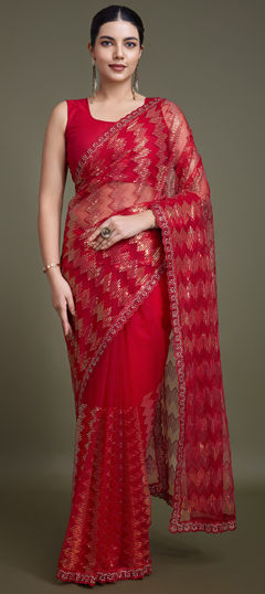 Red and Maroon color Saree in Net fabric with Embroidered, Sequence, Thread work