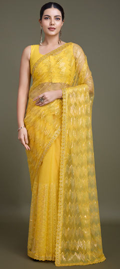 Yellow color Saree in Net fabric with Embroidered, Sequence, Thread work