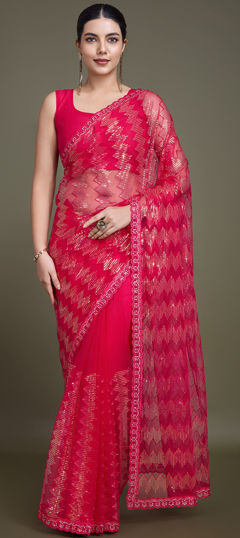 Pink and Majenta color Saree in Net fabric with Embroidered, Sequence, Thread work