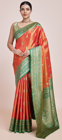 Orange color Saree in Tissue fabric with Weaving, Zari work