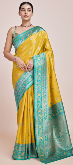 Yellow color Saree in Tissue fabric with Weaving, Zari work