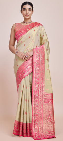 Beige and Brown color Saree in Tissue fabric with Weaving, Zari work