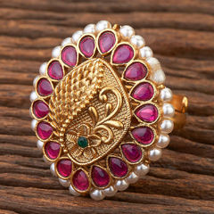 Gold Rodium Polish Pink and Majenta color Ring in Brass studded with Kundan, Pearl