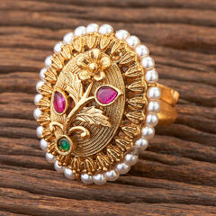 Gold Rodium Polish Multicolor color Ring in Brass studded with Kundan, Pearl