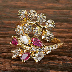 Gold Rodium Polish Pink and Majenta color Ring in Brass studded with Kundan