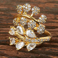 Gold Rodium Polish White and Off White color Ring in Brass studded with Kundan