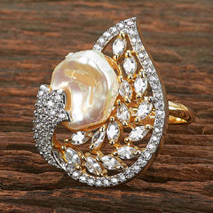 Gold Rodium Polish White and Off White color Ring in Brass studded with Kundan